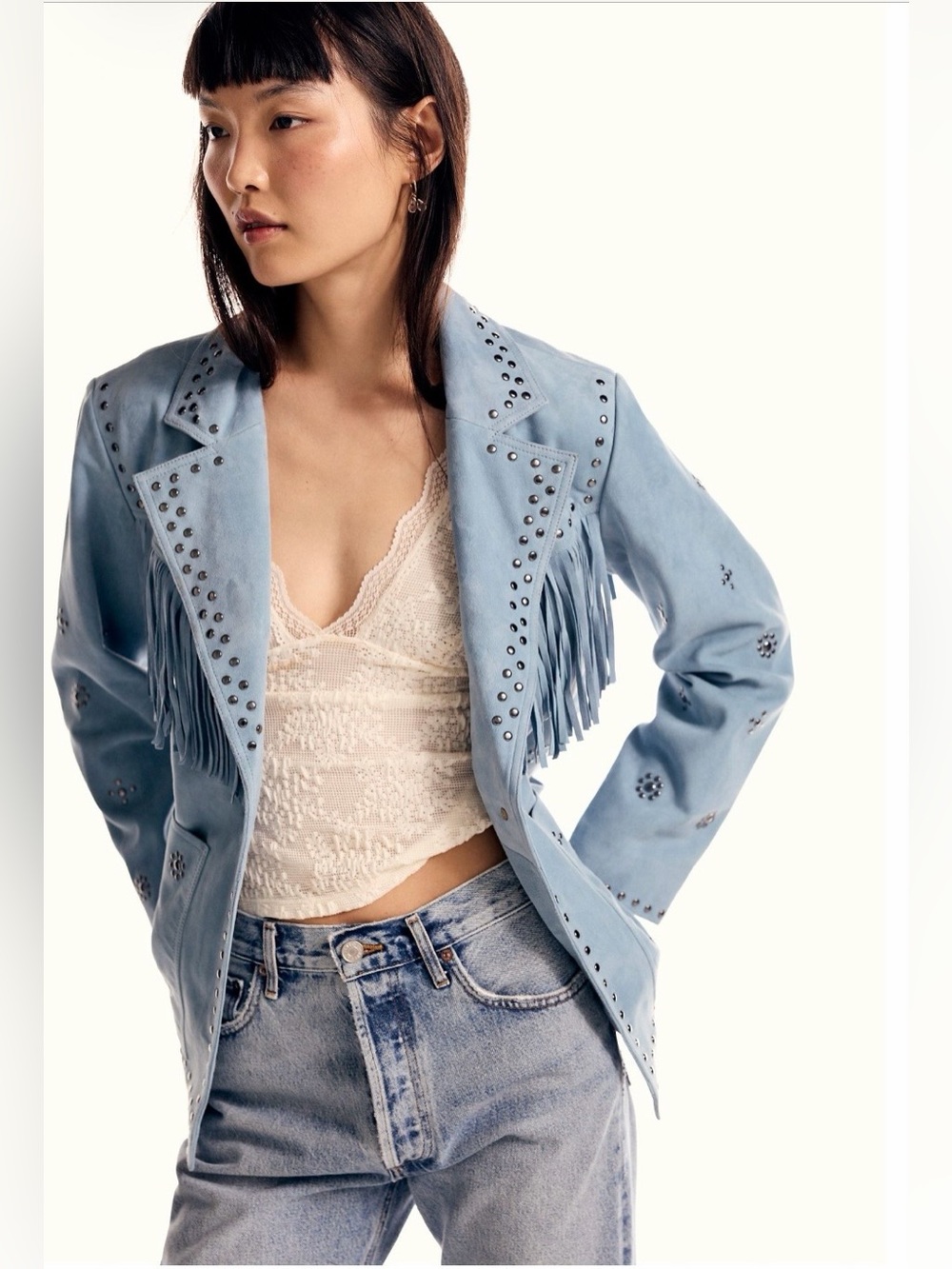 Free People Suede Studded Blazer 💯Suede NWT Pearl Blue